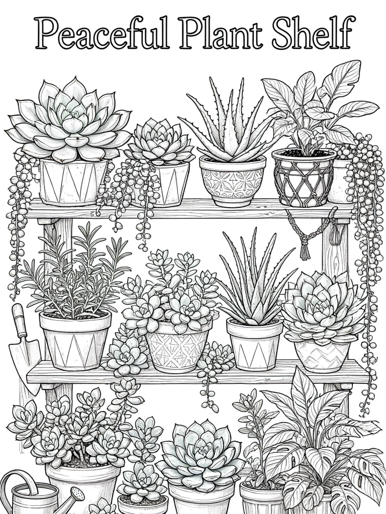 Peaceful Plant Shelf coloring template cover